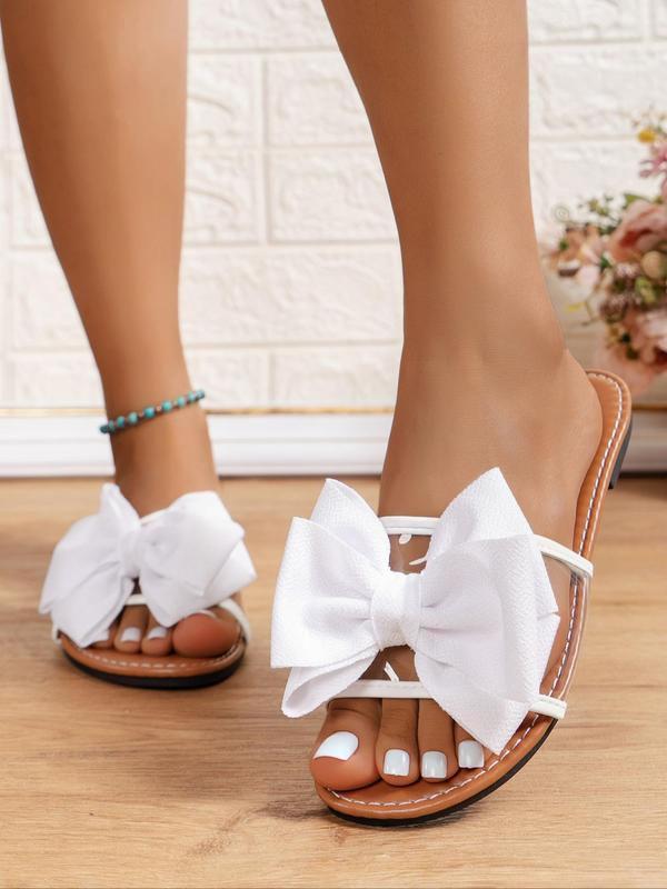 Women's 2024 Summer Bow Slip on Sandals, Casual Summer Sandals Slides for Beach, Boho Flat Pu Leather Sandals, Walking Girl Footwear Back To School