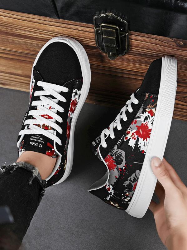 Men's Fashion Graphic Print Lace Up Low Top Skate Shoes, Casual Comfortable Colorblock Sports Shoes for Daily Wear, Male All-match Round Toe Shoes for Daily Wear