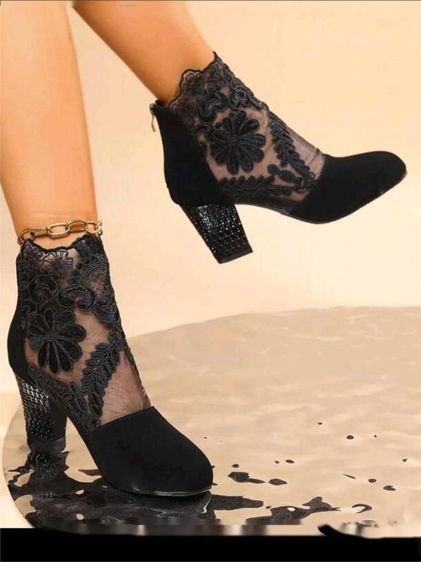 Women's Fashion Flower Embroidered Design Contrast Lace Ankle Boots, Elegant Pointed Toe Heeled  Boots for Fall 2024  for Daily Wear, All-match Boots for Women & Girls