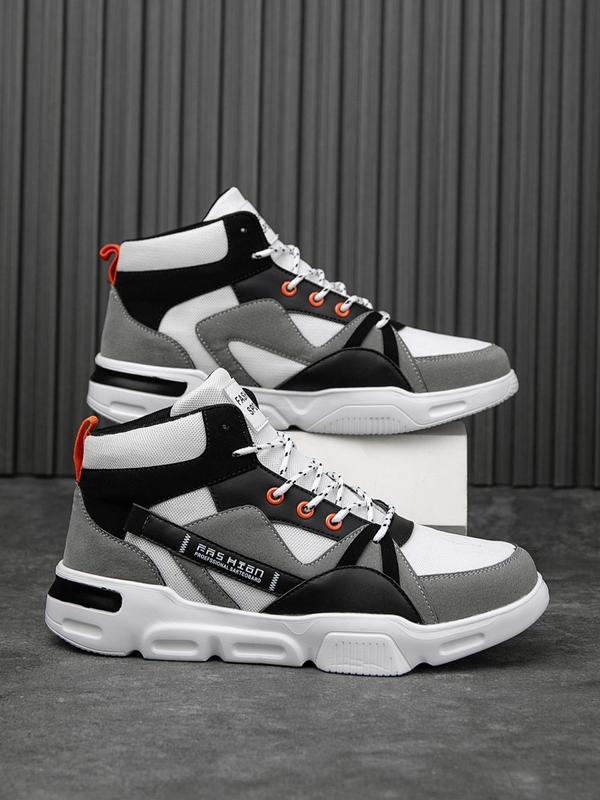 Men's Fashion Colorblock Letter Patched Design Lace Up High Top Sneakers, Casual Comfortable Sports Shoes for Daily Wear, Breathable Non-slip Sneakers