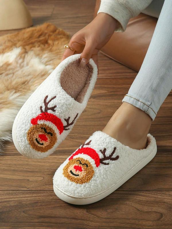 Women's Cute Reindeer Design Plush Slippers, Casual Soft Comfortable Home Slippers, Warm Slippers for Indoor & Outdoor Use for Fall & Winter