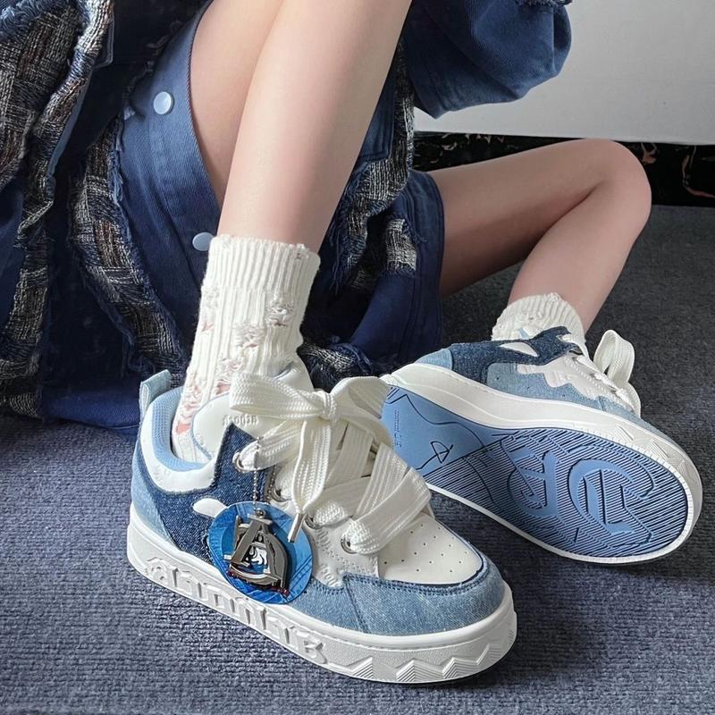 Little Devil Denim Blue Bread Shoes Women's Spring New Fashion Sports Puff Board Shoes Women's Platform