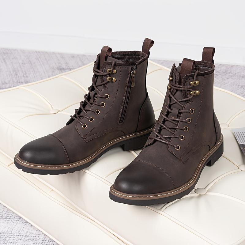 Men's Solid Cap Toe Dress Boots With PU Leather Uppers, Wear-resistant Non Slip Lace-up High Top Boots For Men's Outdoor Activities