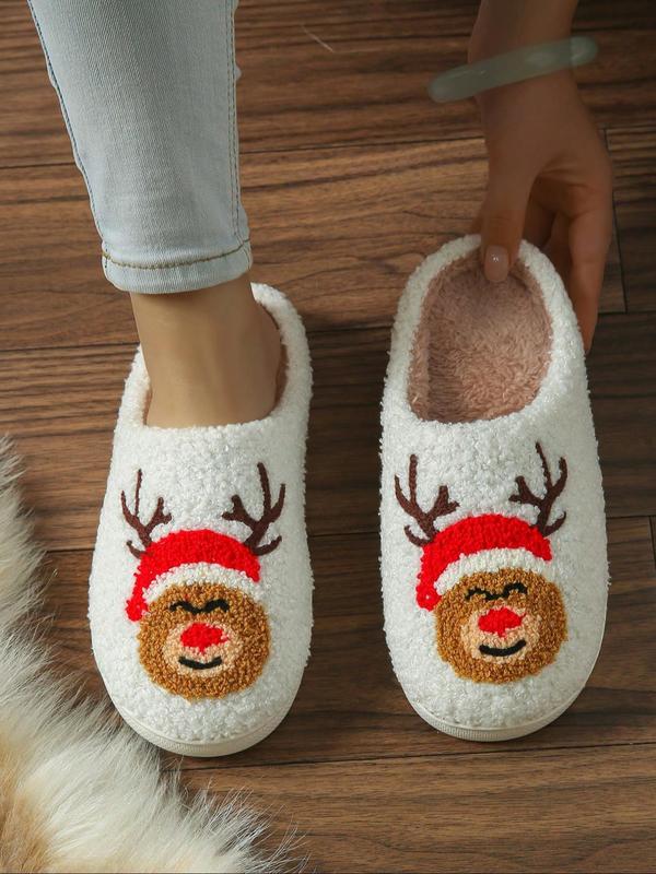 Women's Cute Reindeer Design Plush Slippers, Casual Soft Comfortable Home Slippers, Warm Slippers for Indoor & Outdoor Use for Fall & Winter