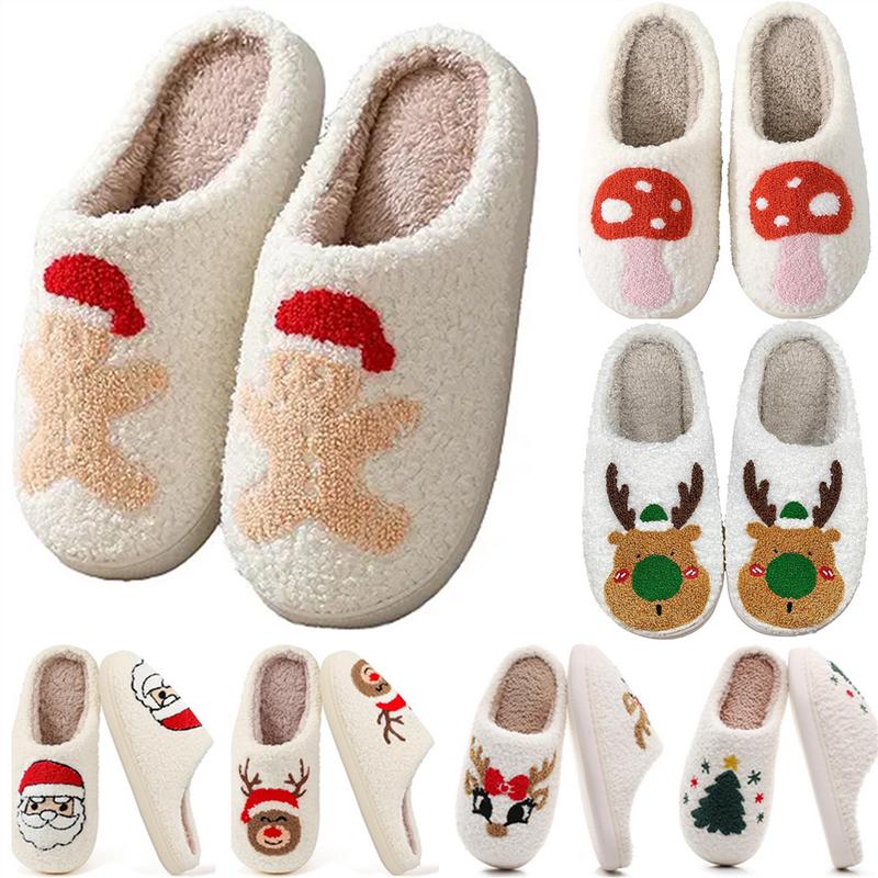 Winter Slippers Christmas Slippers Reindeer Slippers for Women and Men Holiday Halloween Slippers Indoor Bedroom Fluffy Warm Fleece Slippers Winter Soft Cozy Home Non-Slip Soft Plush Slip-on Wool Lined House Shoes