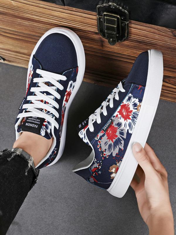 Men's Fashion Graphic Print Lace Up Low Top Skate Shoes, Casual Comfortable Colorblock Sports Shoes for Daily Wear, Male All-match Round Toe Shoes for Daily Wear