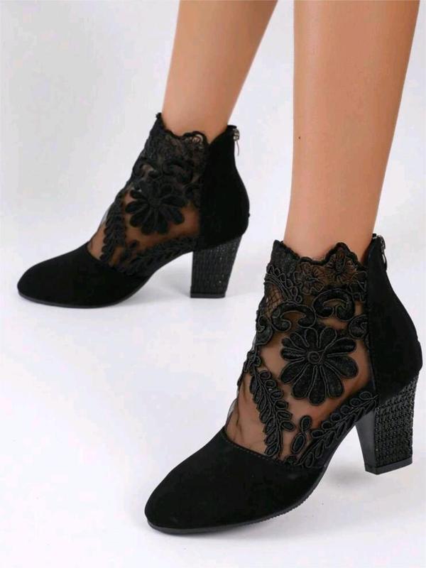 Women's Fashion Flower Embroidered Design Contrast Lace Ankle Boots, Elegant Pointed Toe Heeled  Boots for Fall 2024  for Daily Wear, All-match Boots for Women & Girls