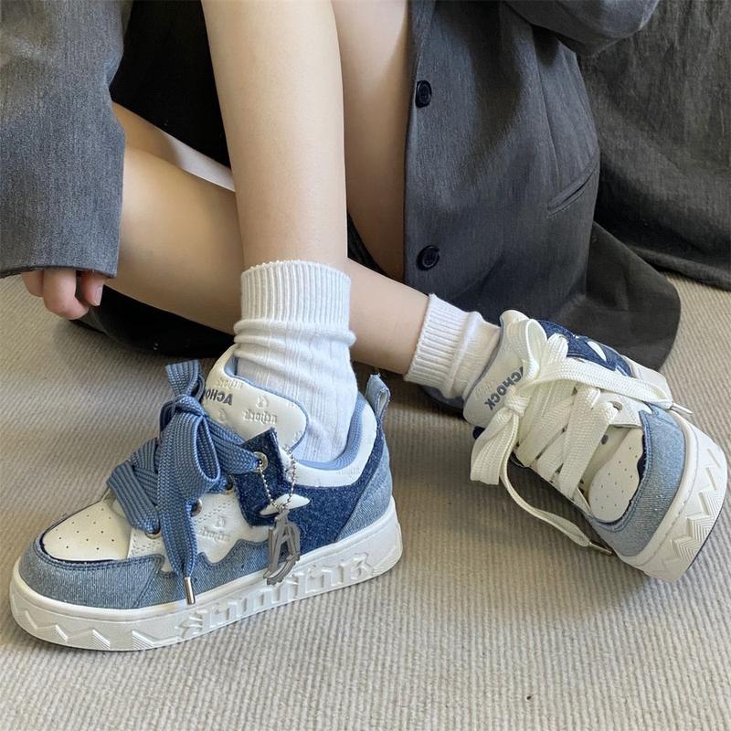 Little Devil Denim Blue Bread Shoes Women's Spring New Fashion Sports Puff Board Shoes Women's Platform