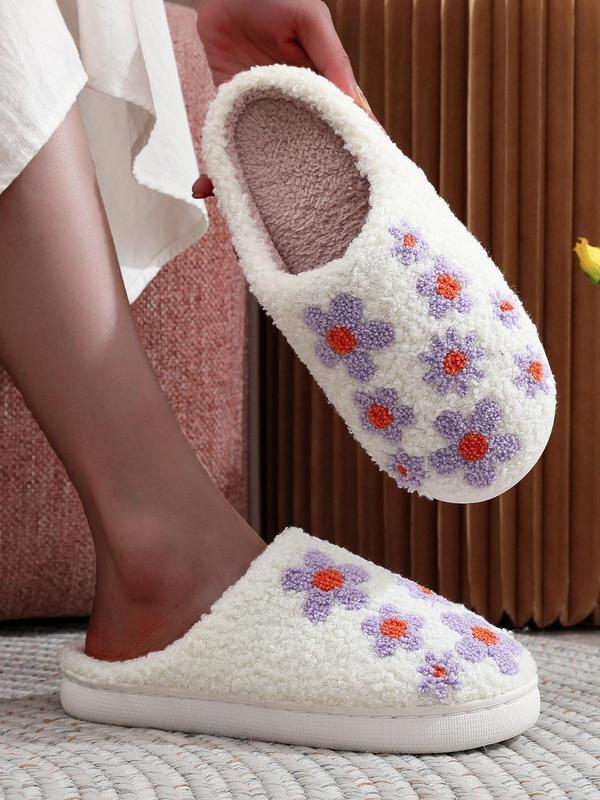 Women's Cute Floral Pattern Plush Slippers, Casual Soft Comfortable Home Slippers, Warm House Shoes for Indoor & Outdoor Use for All Seasons