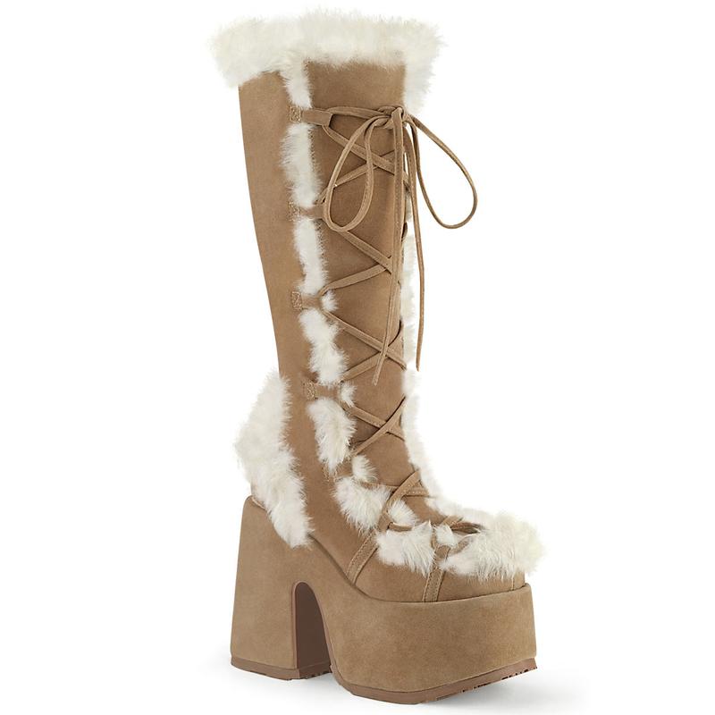 Demonia Camel-311 Camel Vegan Suede Knee-high Boots