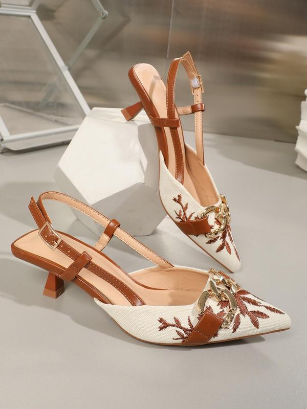 Women's Fashionable Embroidered High Heel Shoes, Elegant Pointed Toe Chain Decorated Heels for Party, Daily Clothing Decor for Women & Girls