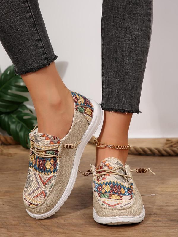 Women's Boho Style Ethnic Pattern Lace Up Sneakers, Casual Comfortable Sports Flat Shoes, Trendy All-match Flat Shoes for Daily Wear