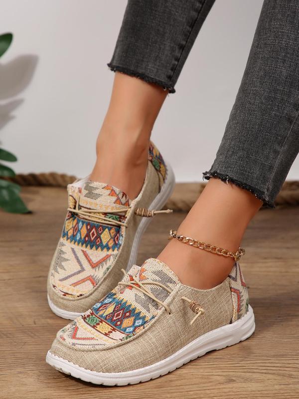 Women's Boho Style Ethnic Pattern Lace Up Sneakers, Casual Comfortable Sports Flat Shoes, Trendy All-match Flat Shoes for Daily Wear