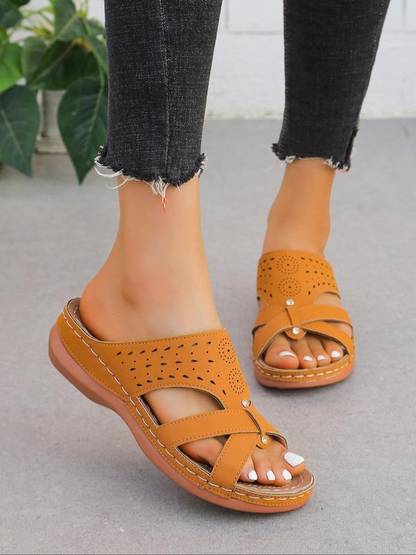 Women's Fashionable Hollow Out Design Slip on Sandals, Casual Comfortable Sandals for Summer Beach Vacation, Female All-match Round Toe Sandals for Daily Wear