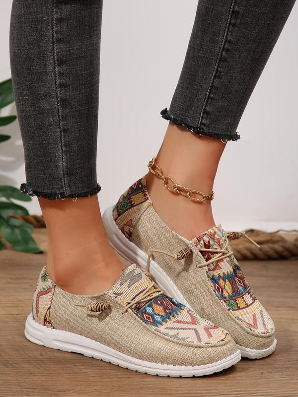 Women's Boho Style Ethnic Pattern Lace Up Sneakers, Casual Comfortable Sports Flat Shoes, Trendy All-match Flat Shoes for Daily Wear