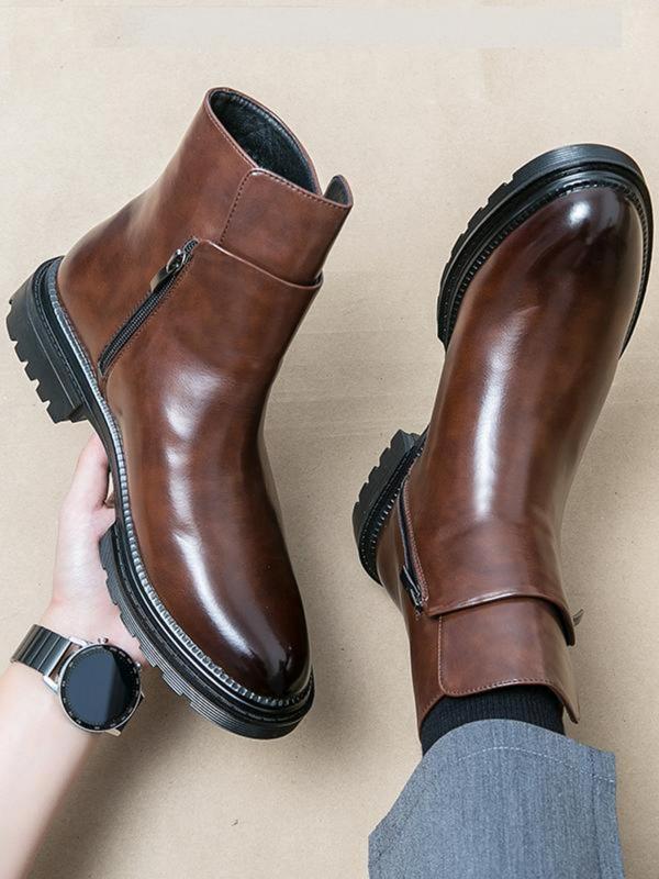 Men's Business Solid Color Zipper Chelsea Boots, Fashionable Pointed Toe Ankle Boots for Daily Wear, Male All-match Trendy Shoes for Fall & Winter