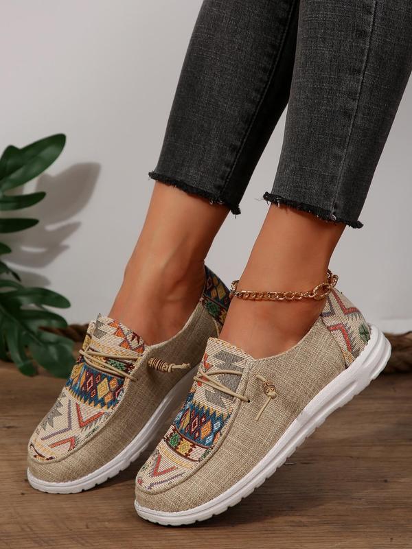 Women's Boho Style Ethnic Pattern Lace Up Sneakers, Casual Comfortable Sports Flat Shoes, Trendy All-match Flat Shoes for Daily Wear