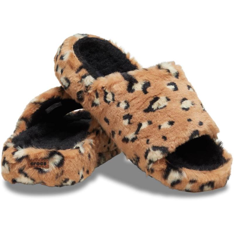 Crocs Unisex Adult Classic Leopard Fur Lined Slides, Fluffy Slippers