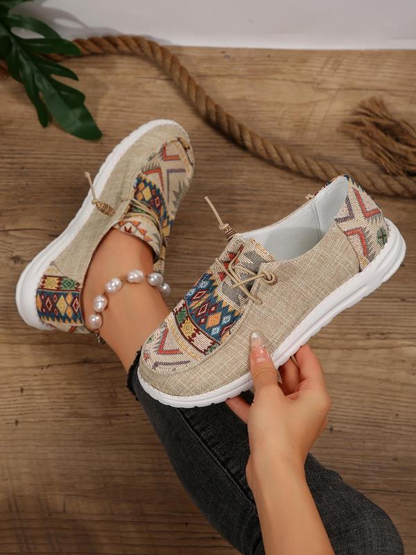 Women's Boho Style Ethnic Pattern Lace Up Sneakers, Casual Comfortable Sports Flat Shoes, Trendy All-match Flat Shoes for Daily Wear