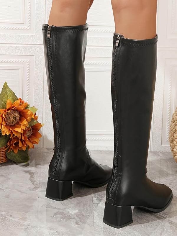 Women's Fashionable Solid Color Square Toe Boots, 2024 New Style Elegant Zipper Design Knee Boots for Daily Wear, Female All-match Trendy Shoes for Daily Wear