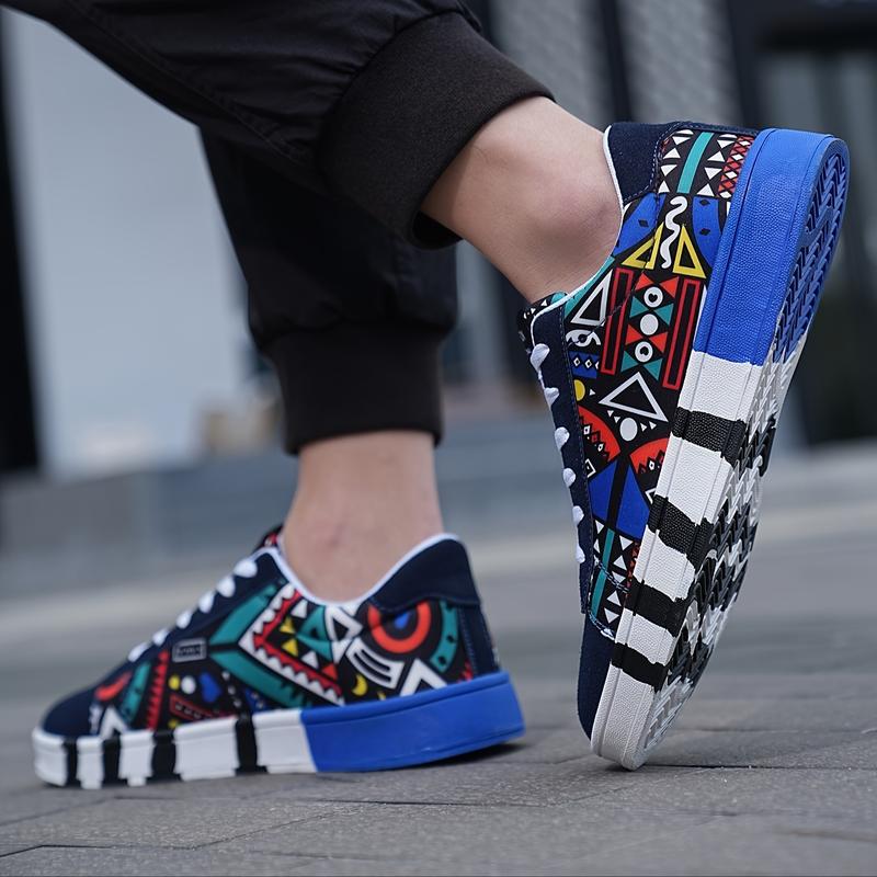 Men's Fashionable Graffiti Letter Print Canvas Sneakers - Casual Lace-Up Streetwear Shoes with Non-Slip Rubber Sole, All-Season Comfort