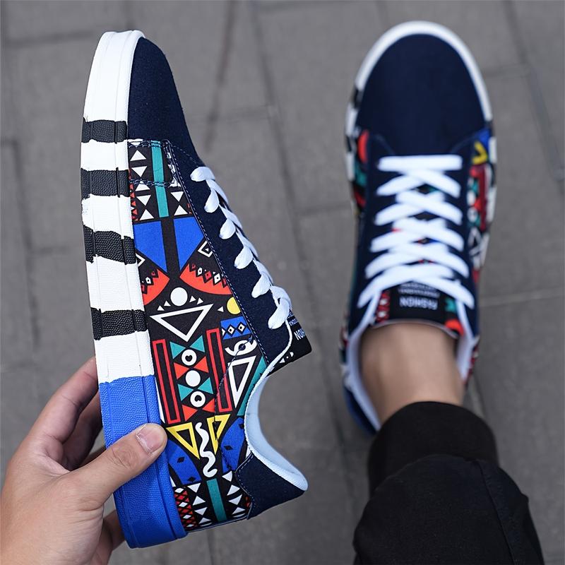 Men's Fashionable Graffiti Letter Print Canvas Sneakers - Casual Lace-Up Streetwear Shoes with Non-Slip Rubber Sole, All-Season Comfort