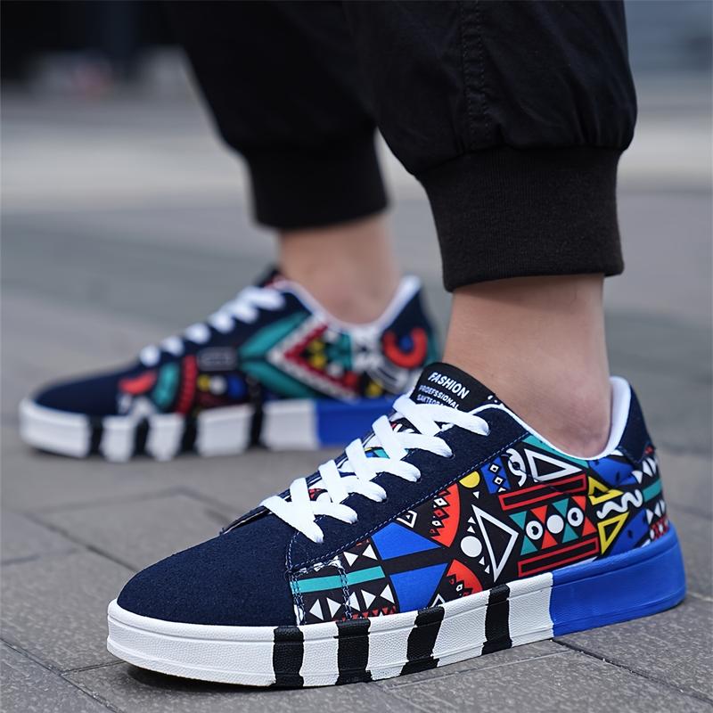 Men's Fashionable Graffiti Letter Print Canvas Sneakers - Casual Lace-Up Streetwear Shoes with Non-Slip Rubber Sole, All-Season Comfort