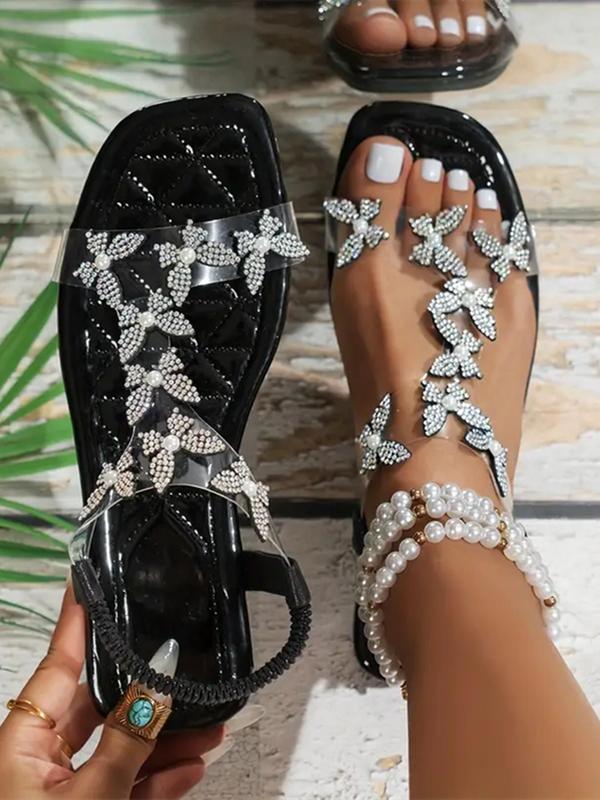 Minimalist Flower Butterfly Design Square Toe Flat Sandals, New Fashion Rhinestone Decor Slip on Flat Sandals, Designer Sandals for Summer Beach