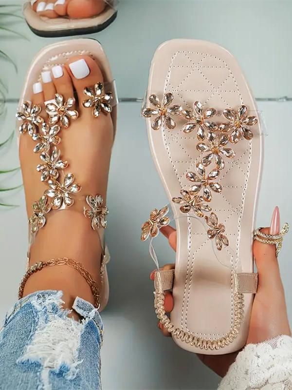 Minimalist Flower Butterfly Design Square Toe Flat Sandals, New Fashion Rhinestone Decor Slip on Flat Sandals, Designer Sandals for Summer Beach