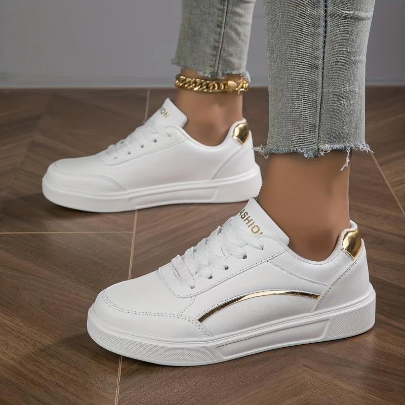 Womens White Skate Sneakers - Lightweight & Durable Faux Leather - Comfortable Casual Lace Up Shoes for Outdoor Style - Perfect Everyday Wear, Trendy Low Top Design