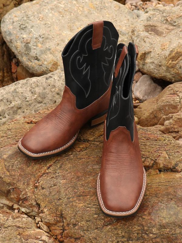 Men's Fashionable Random Embroidery Design Cowboy Boots, Casual Comfortable Mid-calf Boots for Daily Wear, Fashion Shoes for Party, Daily Clothing Decor