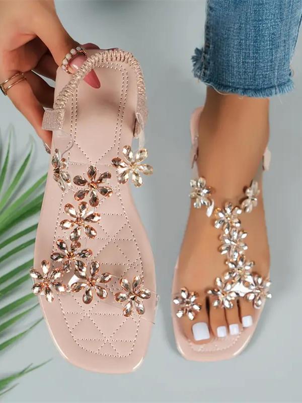 Minimalist Flower Butterfly Design Square Toe Flat Sandals, New Fashion Rhinestone Decor Slip on Flat Sandals, Designer Sandals for Summer Beach