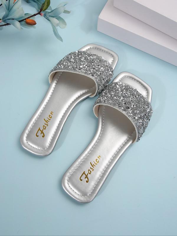 Women's Fashionable Glitter Sequin Design Slip on Sandals, 1 Pair Casual and Versatile Flat Sandals for Summer, Lightweight Breathable Comfortable Shoes for Daily Wear, Perfect for Women and Outdoor