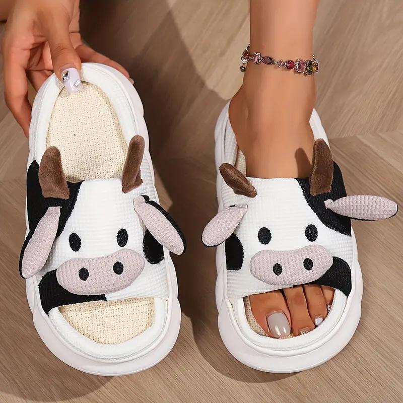 Black Friday New Trendy Cow Design Slippers, Casual Novelty Soft Cozy Cute Home Sandals, Fashion House Platform Slippers for Daily Wear, Girl's Comfort Walking Shoes, Back To School Footwear