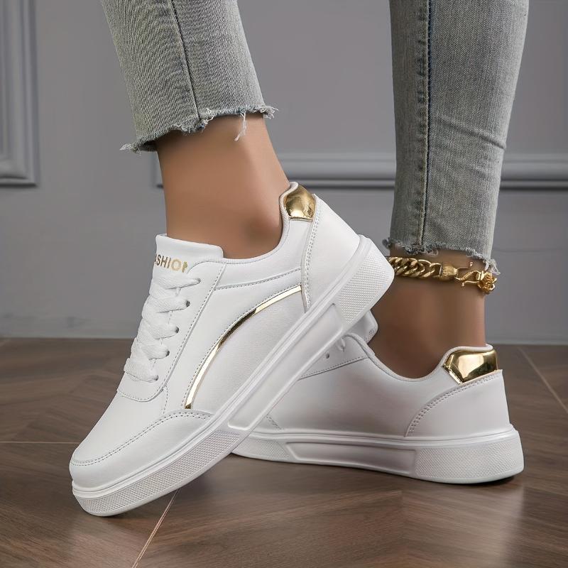 Womens White Skate Sneakers - Lightweight & Durable Faux Leather - Comfortable Casual Lace Up Shoes for Outdoor Style - Perfect Everyday Wear, Trendy Low Top Design