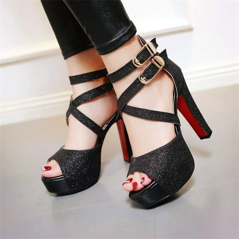 Sequin Lady  Ankle Wrap Peep Toe Heels