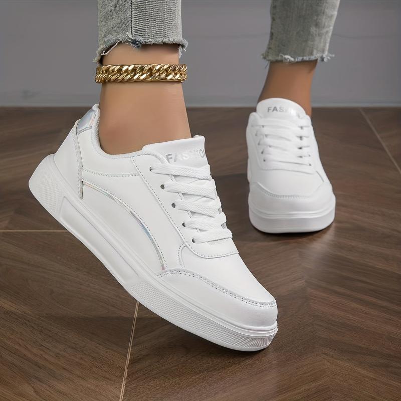 Womens White Skate Sneakers - Lightweight & Durable Faux Leather - Comfortable Casual Lace Up Shoes for Outdoor Style - Perfect Everyday Wear, Trendy Low Top Design