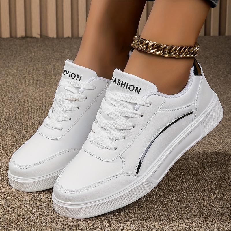 Womens White Skate Sneakers - Lightweight & Durable Faux Leather - Comfortable Casual Lace Up Shoes for Outdoor Style - Perfect Everyday Wear, Trendy Low Top Design