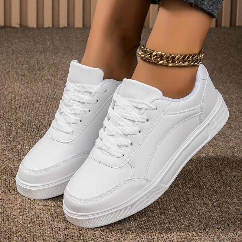 Womens White Skate Sneakers - Lightweight & Durable Faux Leather - Comfortable Casual Lace Up Shoes for Outdoor Style - Perfect Everyday Wear, Trendy Low Top Design