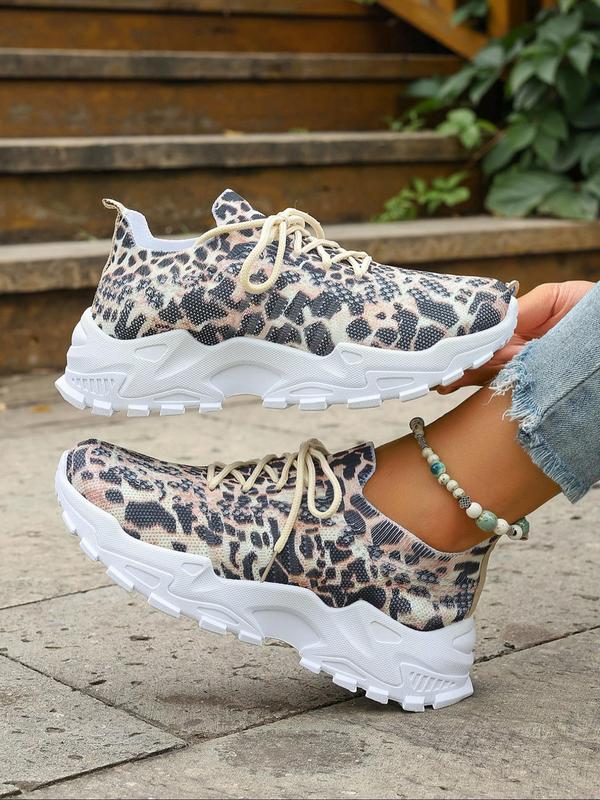 Women's Fashion Leopard Print Lace Up Mesh Sneakers, Casual Comfortable Breathable Running Sports Shoes, All-match Basic Shoes for Daily Wear, Athletic Footwear for Girl