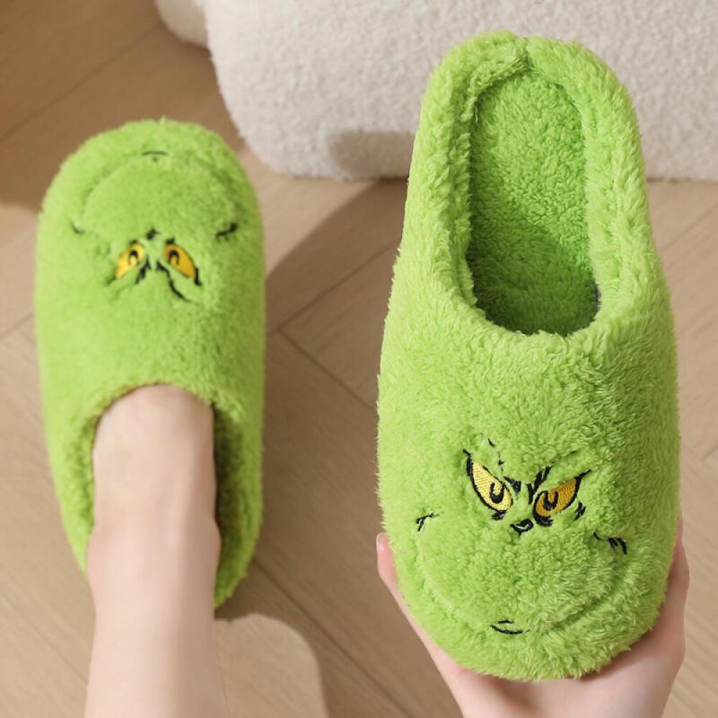 Women's Slippers Green Merry Grinchmas Cartoon House Shoes with Santa Hat Soft Cozy Slippers Walking Shoes Girl