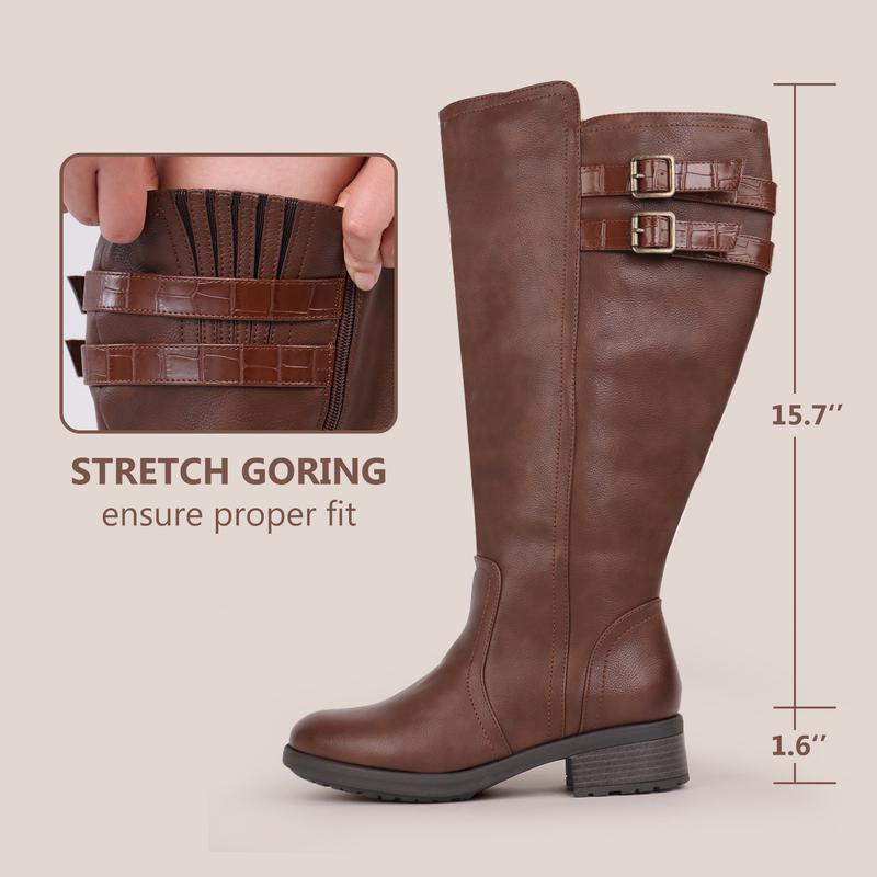 Women's Extra Wide Calf Block Heel Stacked Buckle Hidden Stretch Knee High Boots