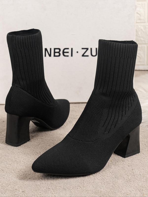 Women's Solid Color Pointed Toe Ankle Boots, 2024 New Style Fashionable Knit Stretch Boots for Daily Wear, Women's Anti-slip Boots for Fall & Winter