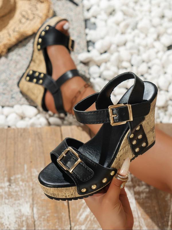 Women's Fashionable Studded & Buckle Decor Platform Sandals, Casual Versatile Wedge Sandals for Summer, Lightweight Breathable Comfortable Shoes for Daily Wear