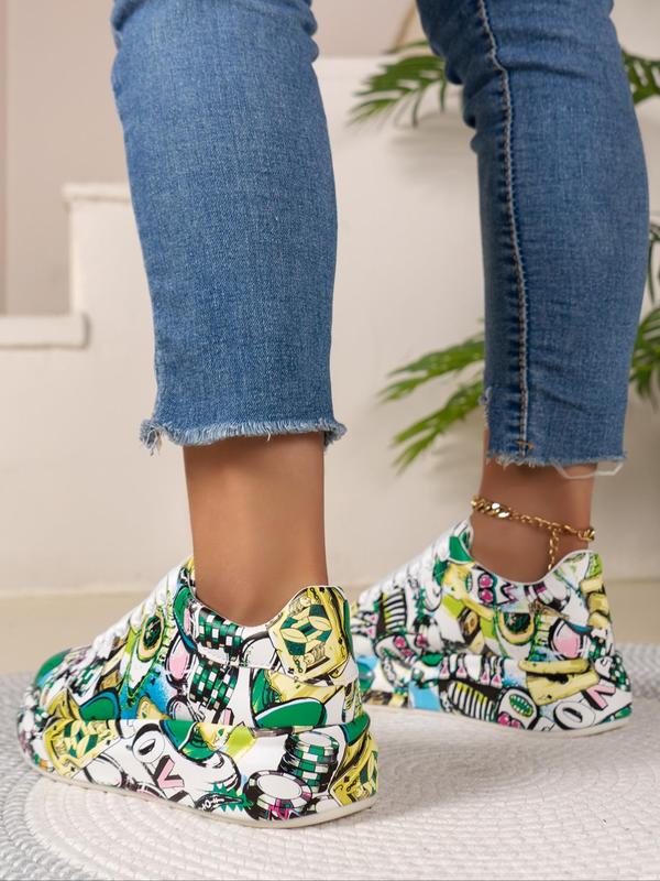 Women's Fashionable All Over Graffiti Print Lace Up Low Top Sneakers, Designer Shoes, Casual Comfortable Sports Shoes for Daily Wear, Platform Shoes for Women & Girls