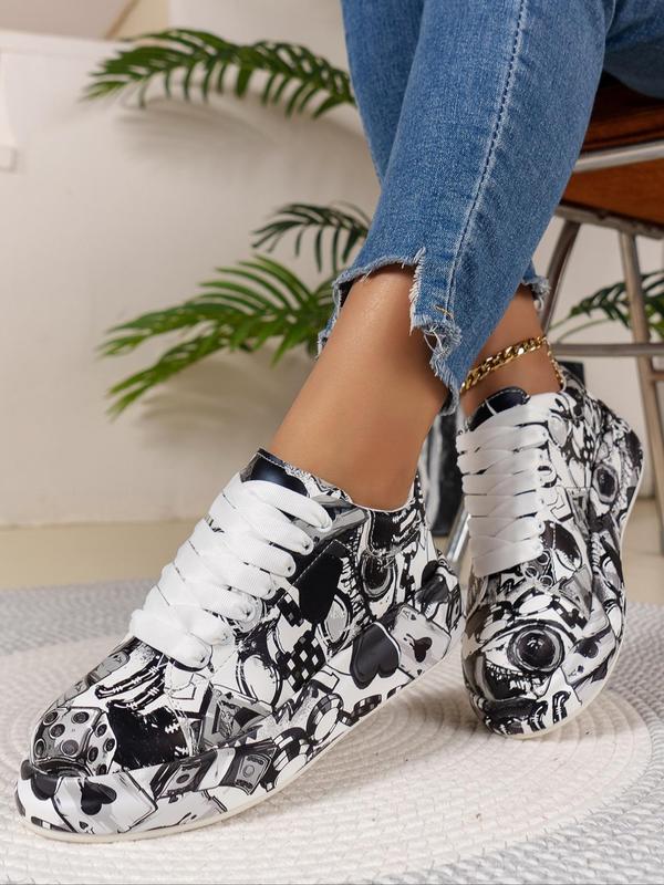 Women's Fashionable All Over Graffiti Print Lace Up Low Top Sneakers, Designer Shoes, Casual Comfortable Sports Shoes for Daily Wear, Platform Shoes for Women & Girls