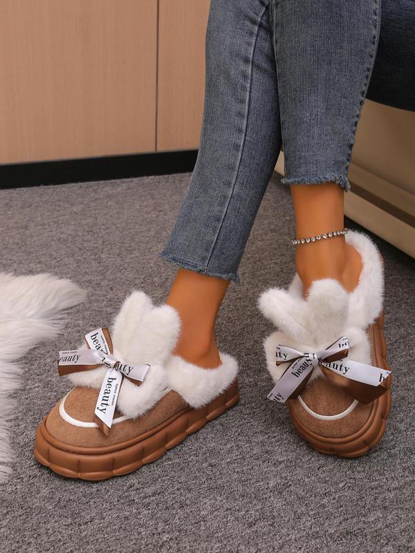 Women's Cute Bowknot Design Plush Slippers, Casual Soft Comfortable Home Slippers, Warm Slippers for Indoor & Outdoor Use for Fall & Winter