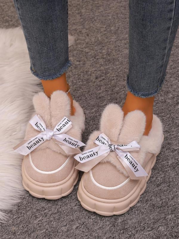 Women's Cute Bowknot Design Plush Slippers, Casual Soft Comfortable Home Slippers, Warm Slippers for Indoor & Outdoor Use for Fall & Winter