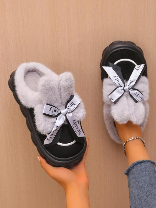 Women's Cute Bowknot Design Plush Slippers, Casual Soft Comfortable Home Slippers, Warm Slippers for Indoor & Outdoor Use for Fall & Winter