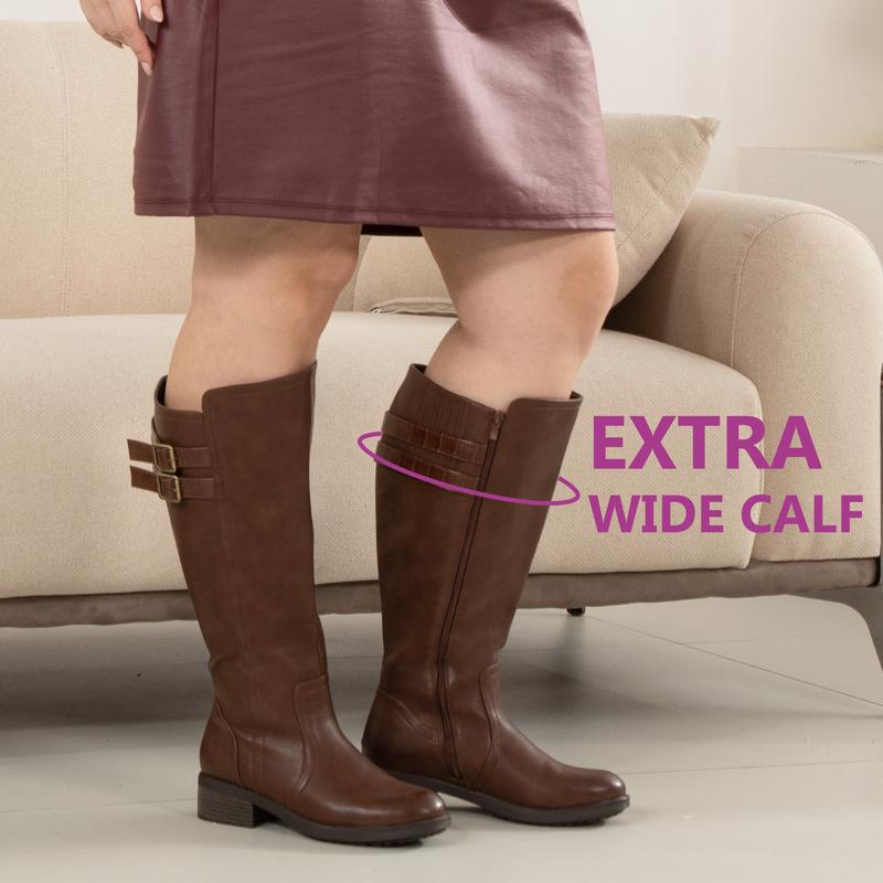 Women's Extra Wide Calf Block Heel Stacked Buckle Hidden Stretch Knee High Boots